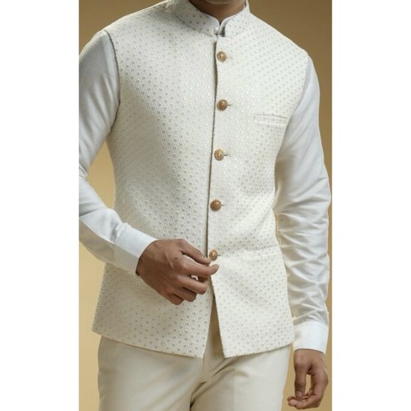 Kommel Sood Designer Nehru Jacket Sz 42R White Wedding Groomsman Cotton Silk